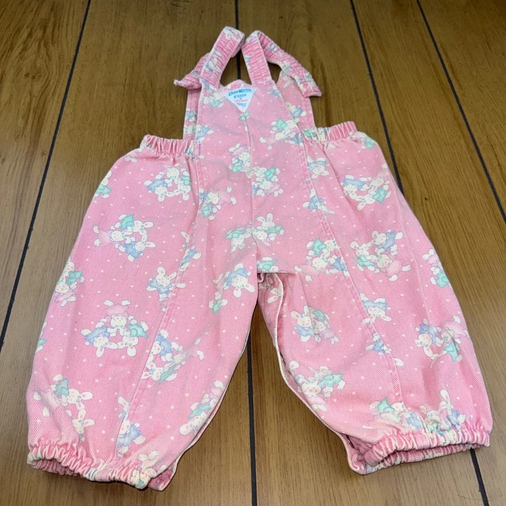 Vintage OshKosh Bgosh Pink Bunny Print Overalls Made in USA 18M Vestbak Denim